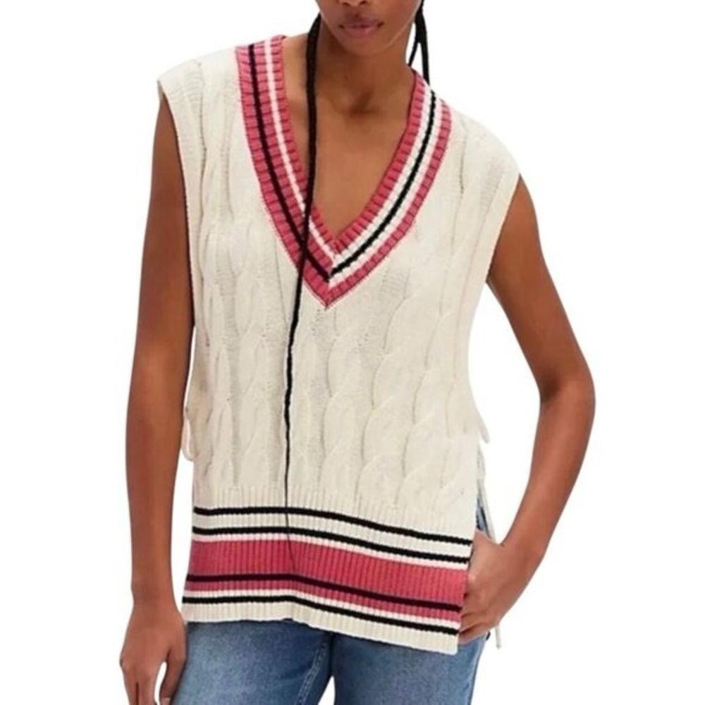 NWOT Free People Coastal Prep Poncho Vest Cable Knit Stripe Preppy One Size